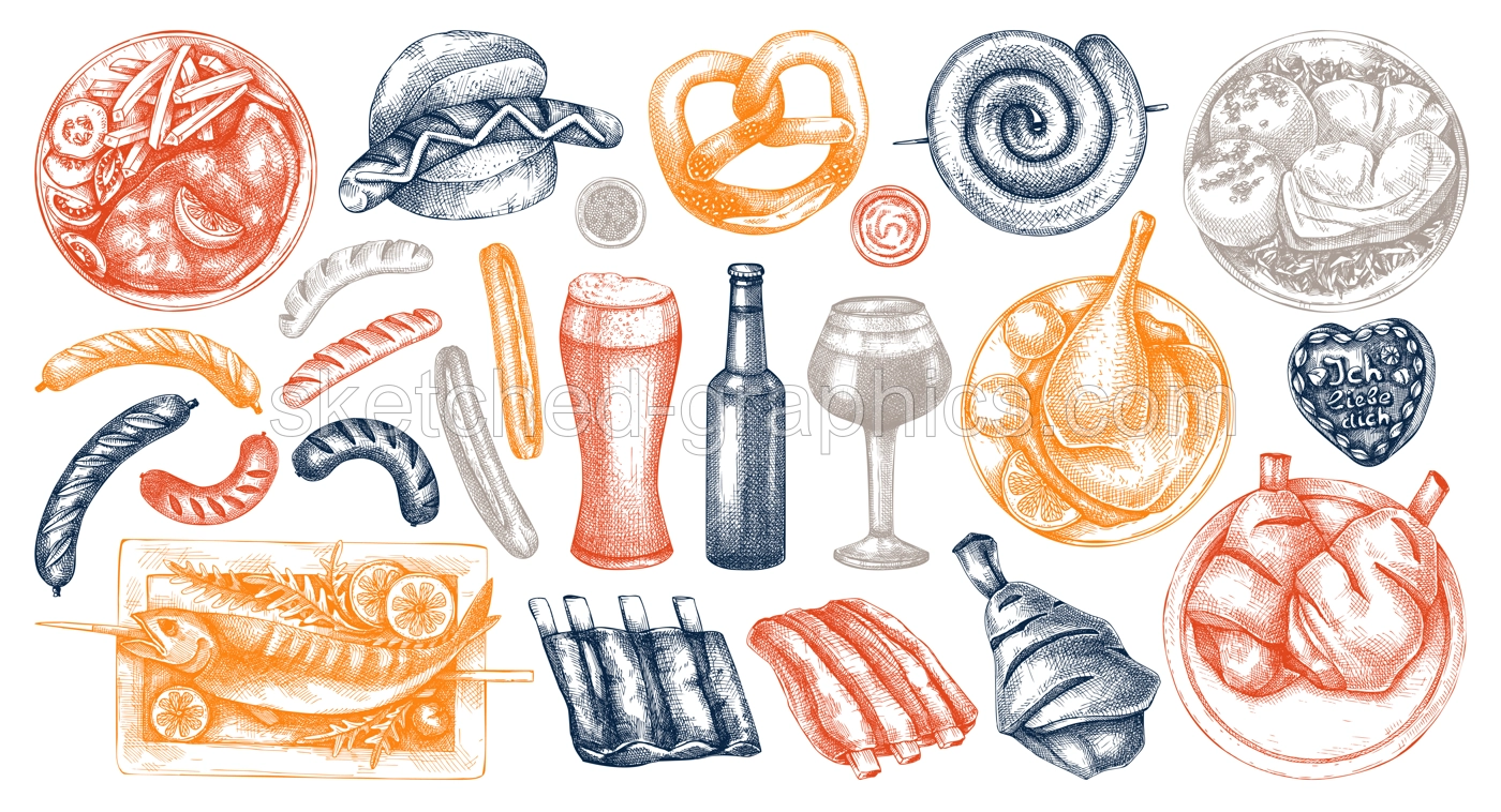 Traditional German food sketch collection in color. Oktoberfest menu design elements. Hand drawn vector dishes drawings set. German cuisine menu. Black and white food sketched illustrations Illustration